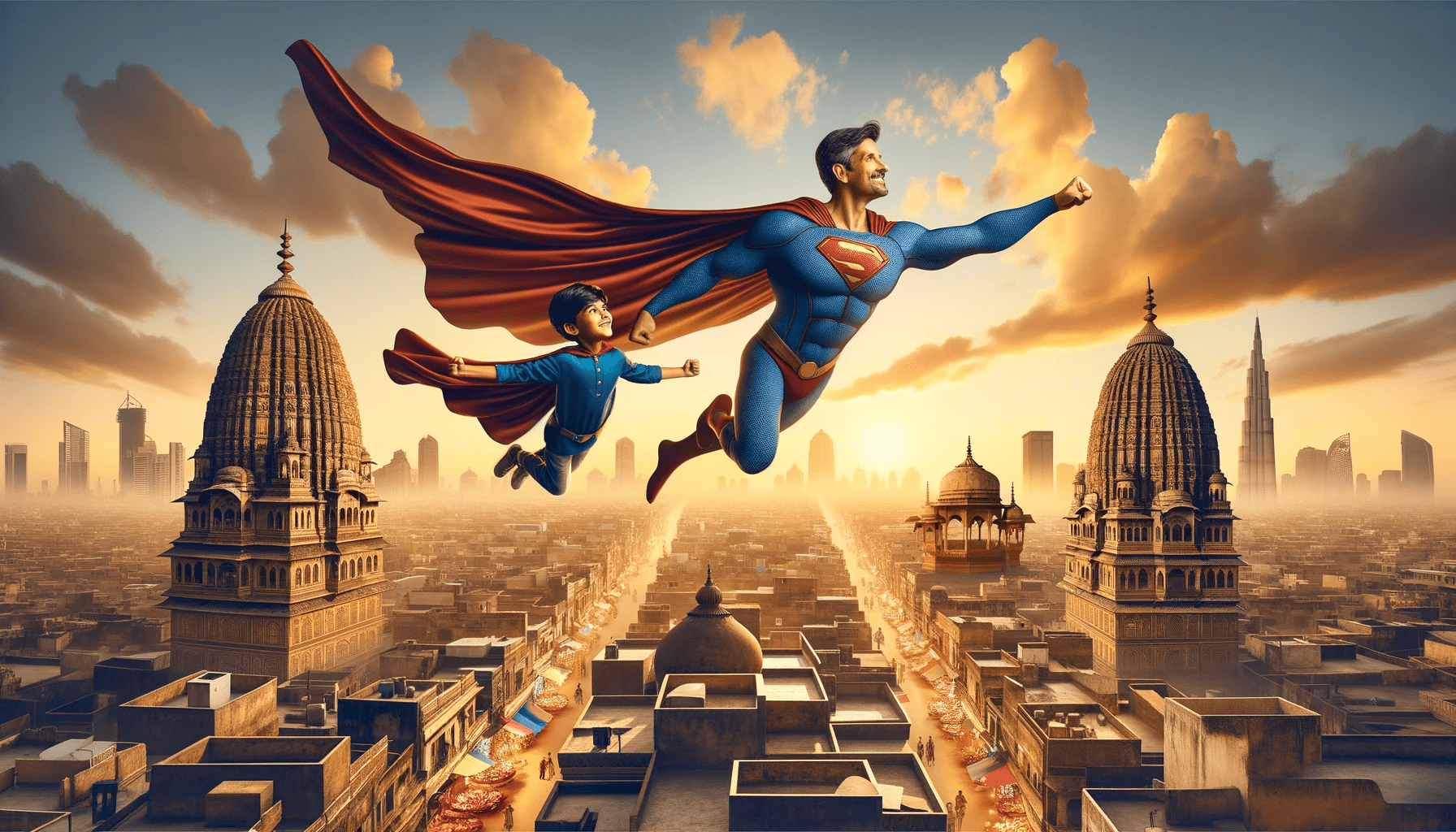 Superheroes over a historical Indian metropolis - a superhero father gracefully maneuvering through the sky