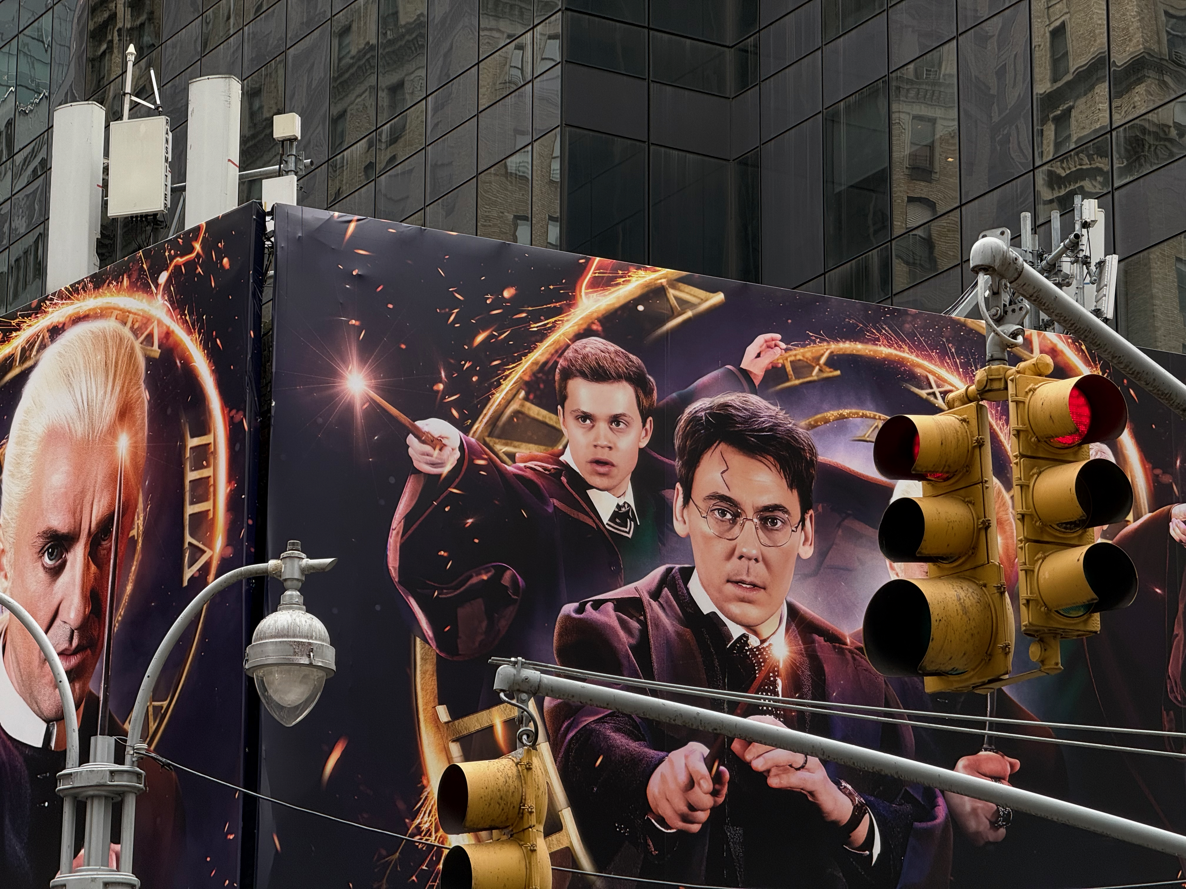 Close-up of the billboard: Emmet Smith as Albus Potter alongside Harry Potter
