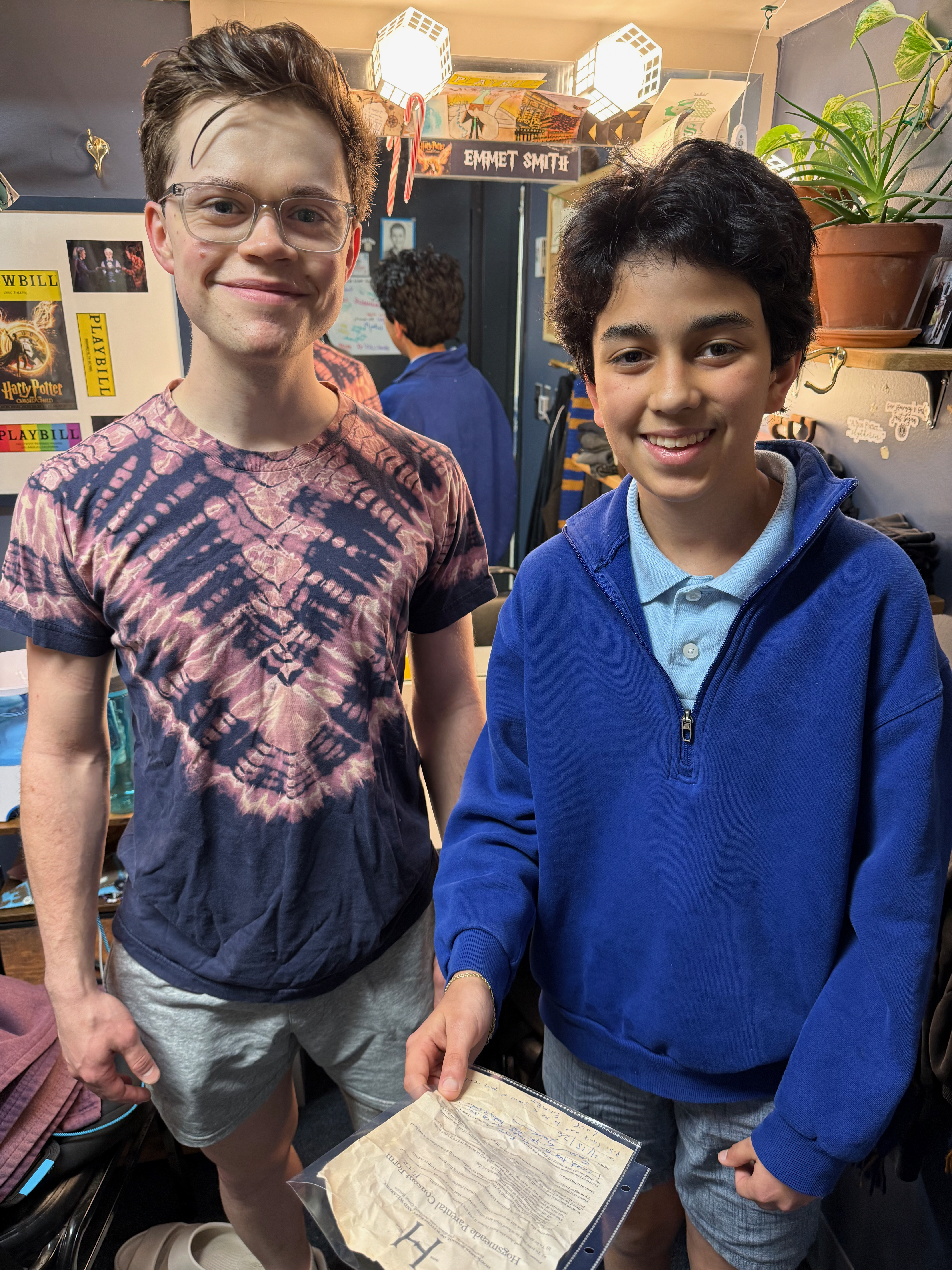 Emmet and Fitz in Emmet's dressing room at the Lyric Theatre, Fitz holding his Hog-meade Parental Consent Form