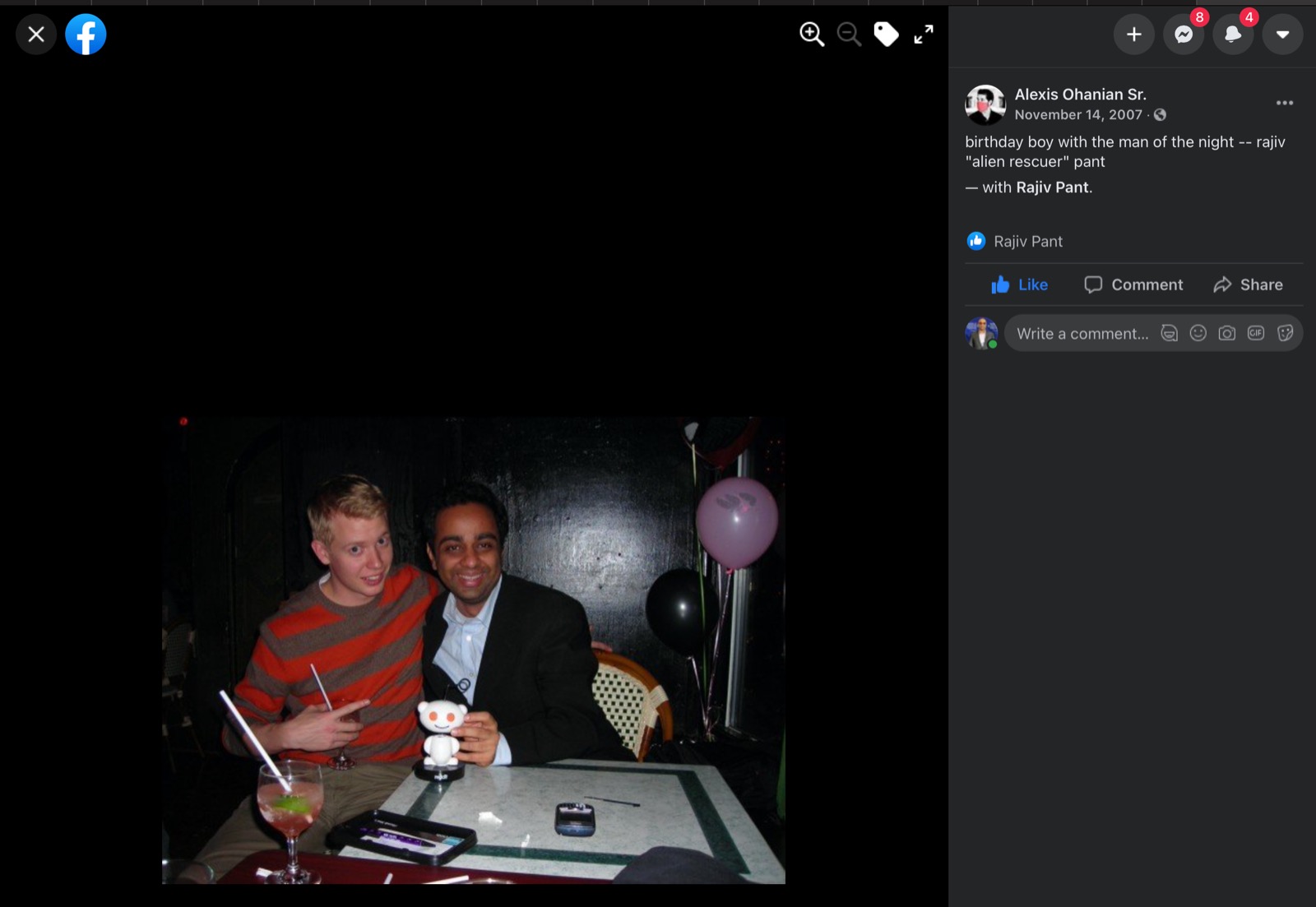 Alexis Ohanian's Facebook post from November 14, 2007, where he nicknamed me the "alien rescuer"