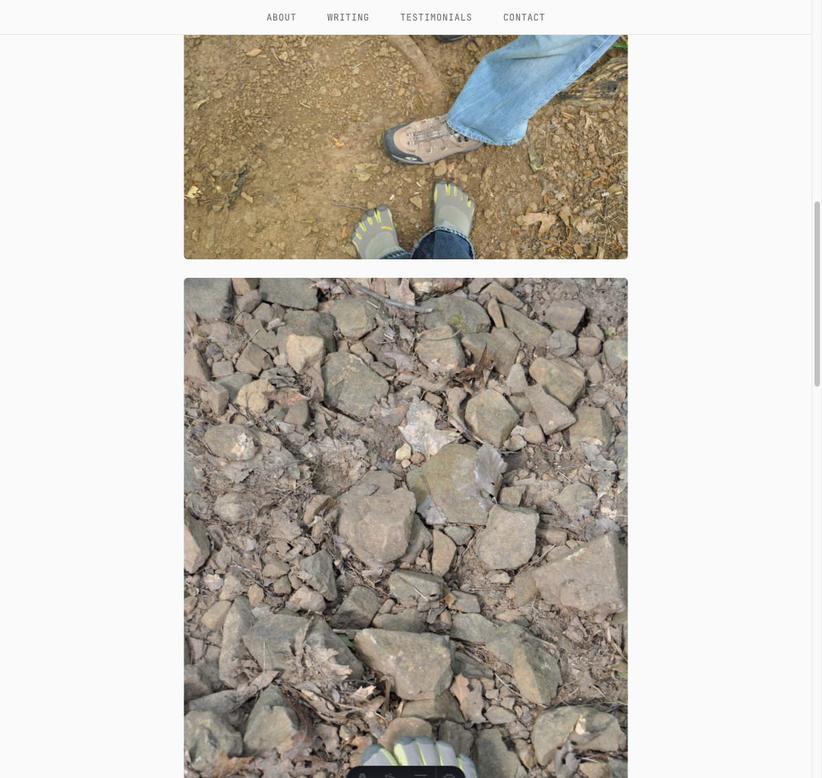 Restored hiking photos showing Vibram Five Fingers shoes on the trail