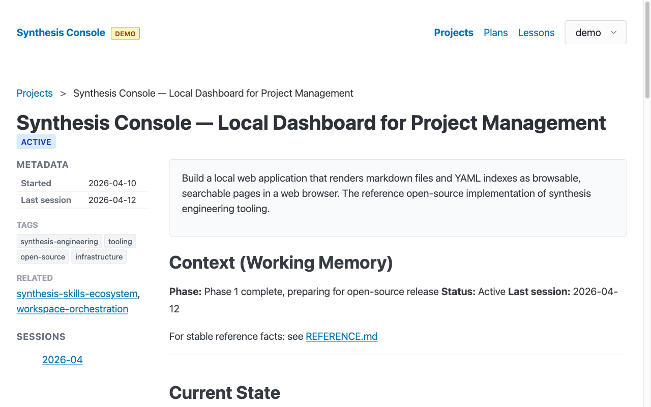 A project detail page in demo mode — the sample CONTEXT.md, tags, metadata, and session links serve as documentation-by-example
