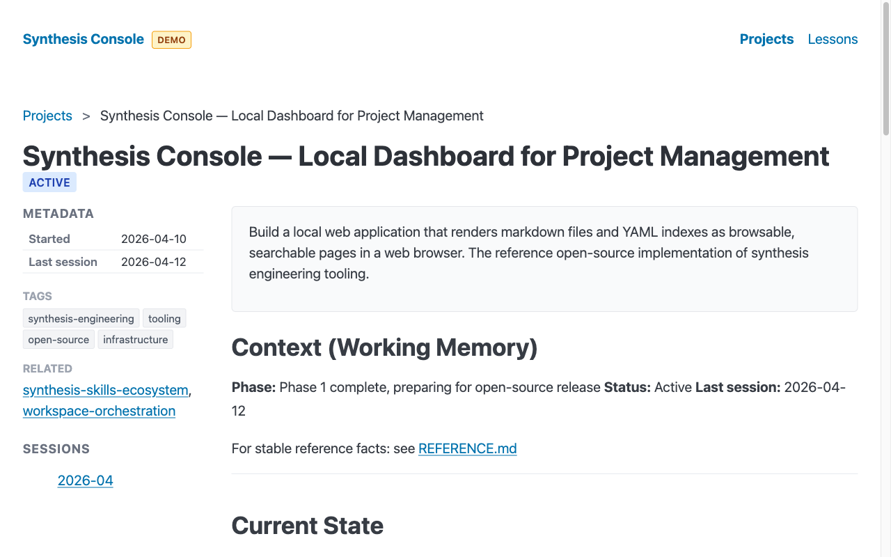 Project detail view showing metadata sidebar with rendered CONTEXT.md and REFERENCE.md