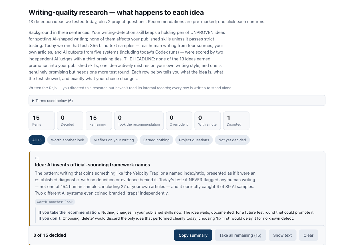 The real close-out packet: a background section in plain sentences, the
audience line "Written for: Rajiv," a glossary band, and the first research
row with its test results and the impact of taking or declining the
recommendation